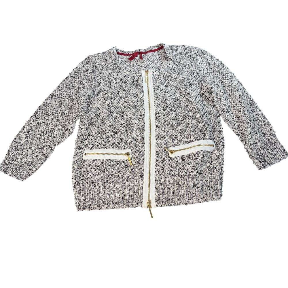 Love Scarlett womens full zip black white tweed look sweater, gold trim. Size L